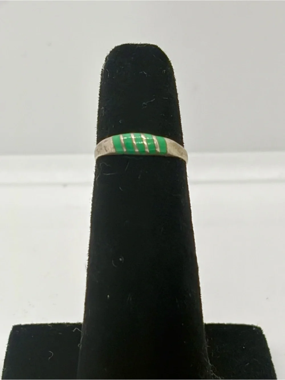 Vintage Sterling Silver Green Enamel Striped Baby Band Ring Size 1.5